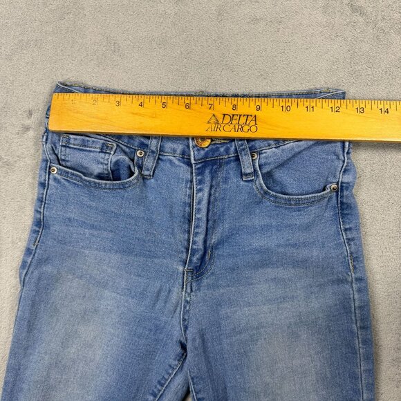 Y2K Light Wash Flare Denim Jeans Womens Mid-Rise Distressed Grunge Preppy Frayed - Picture 7 of 9